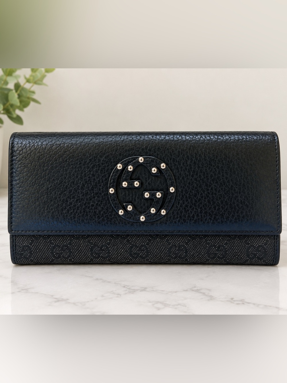 GUCCI Wallet Interlocking G Studs Long GG Canvas & Leather Black Bifold